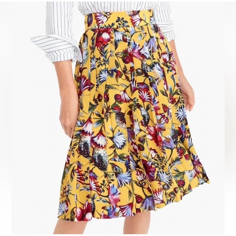 J.Crew Sz 16 Yellow Floral 100% Silk Double Pleated Midi Skirt K2124